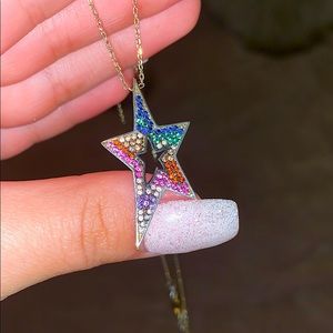 Rainbow pave stone star monochrome gold necklace